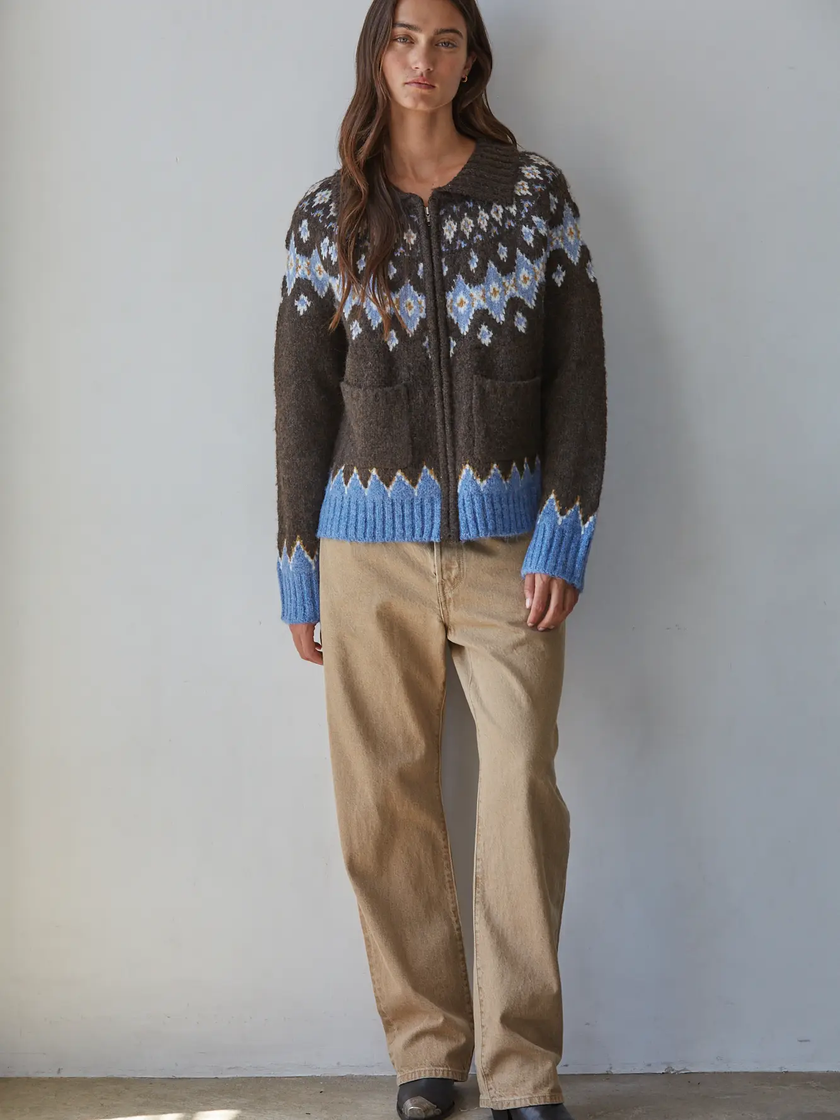 Knit Sweater Fair Isle Zip-Up Collar Neck Cardigan