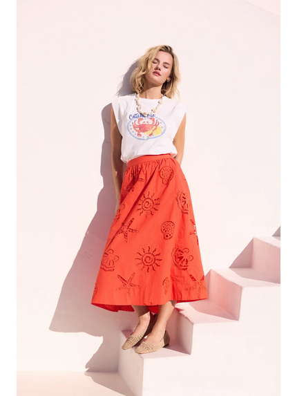 Seaside Embroidered Eyelet Maxi Skirt, coral-front