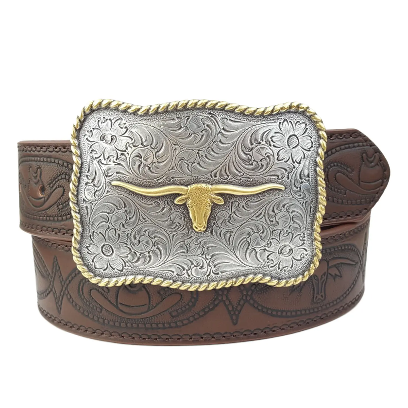 Western Long Horn Buckle w. matching tooled belt