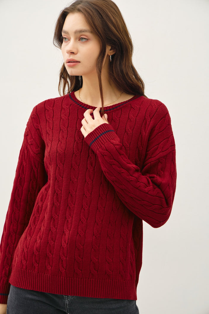 CHUNKY CABLE KNIT SWEATER WITH ACCENT DETAIL red front