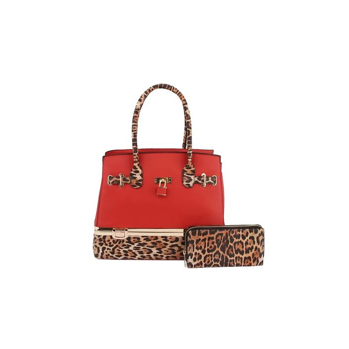 2 in 1 Cheetah Accent Handbag and Clutch red