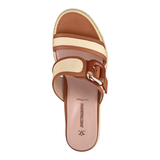 Addison Buckle-Strap Wedge, natural raffia & cognac nappa leather-top