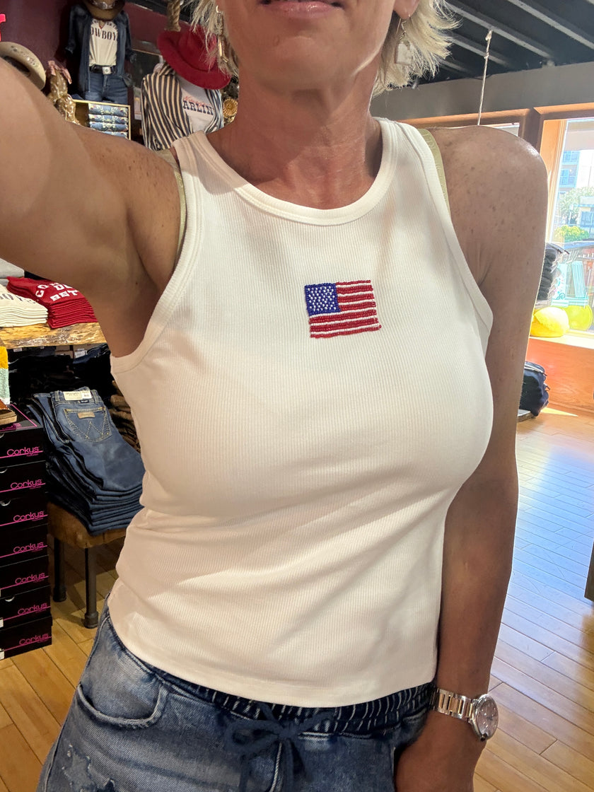 Round Neck Sleeveless USA Beads Ribbed Tank