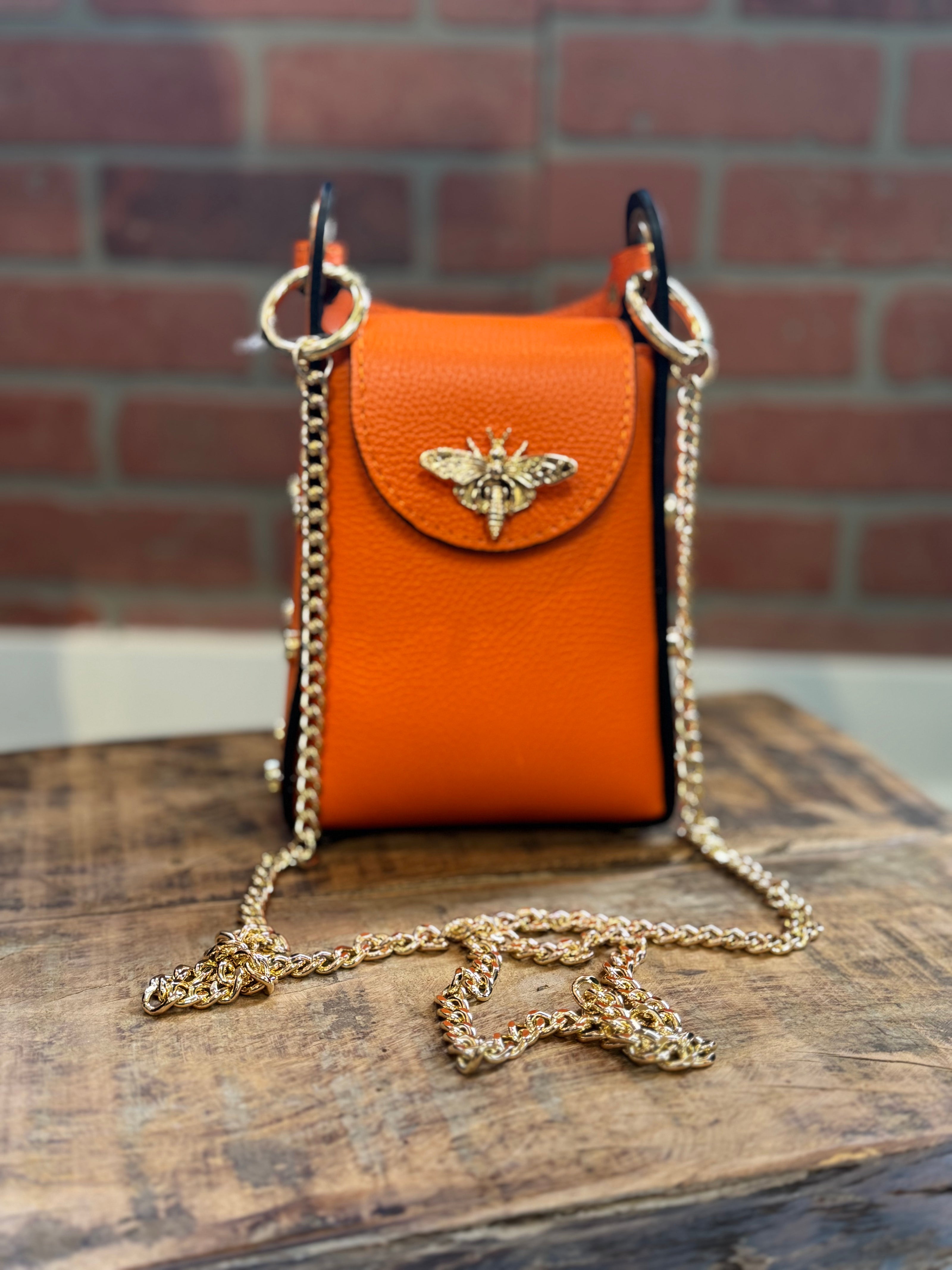 Mini Bag in Genuine Leather Dollar with Bee-Shaped | Bright Orange front with shoulder strap