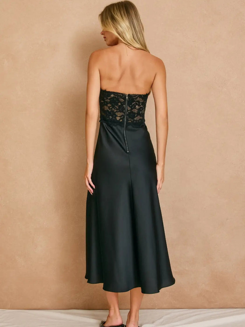 Convertible Lace Satin Corset Midi Dress-back, no straps