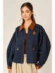 Contrast Collar Pleated Bubble Sleeve Barn Jacket, navy-front