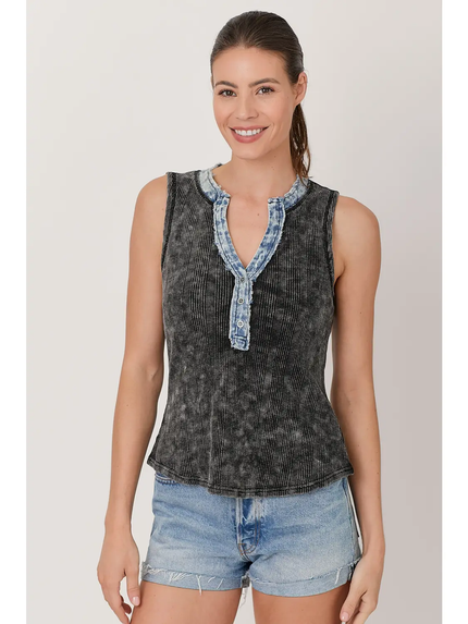 Alex Washed Sleeveless Henley Top Black