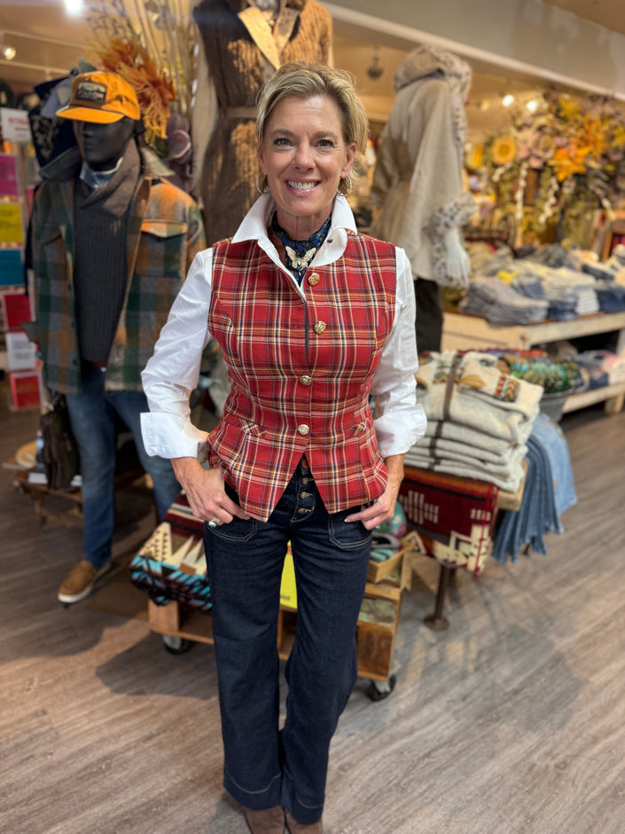 Christmas Holiday Plaid Gold Button Down Vest front