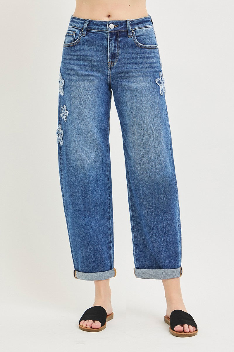 Oregon Flower Slouchy Crop Barrel Jeans dark wash-front