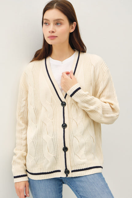 VARSITY STYLE CABLE KNIT BUTTON UP CARDIGAN