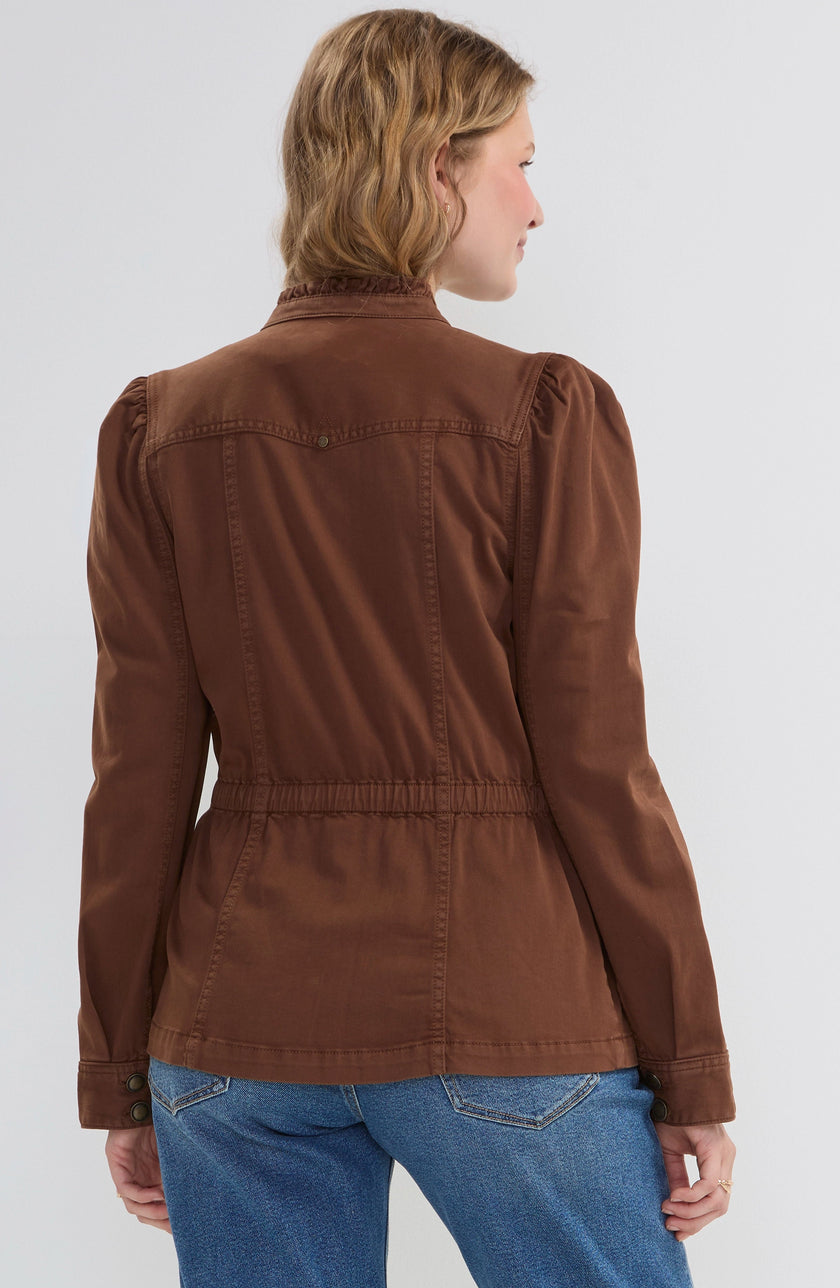 Puff Sleeve Trucker Jacket with Ruffle Collar