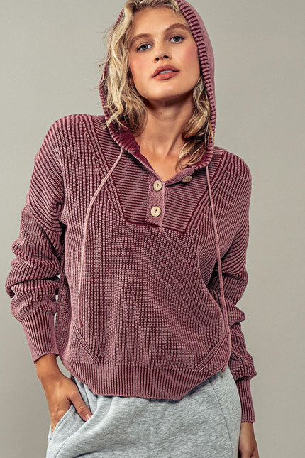 Dreaming in Ribbed Hooded Sweater burgandy front