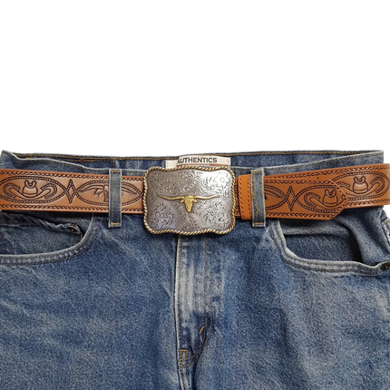 Western Long Horn Buckle W. Matching Tooled Belt