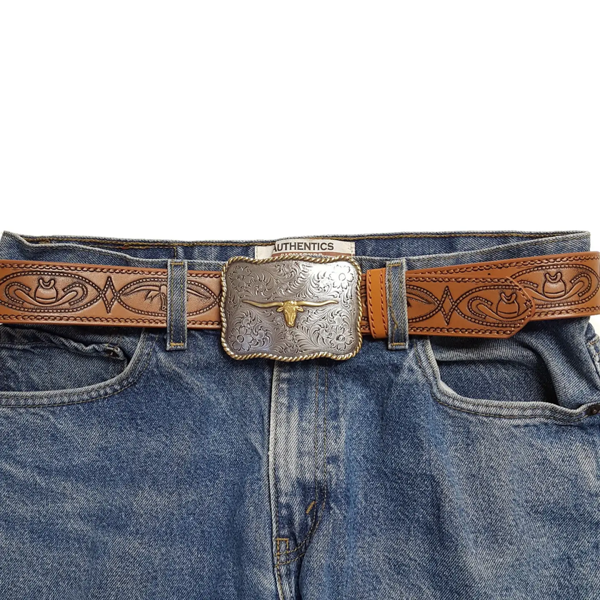 Western Long Horn Buckle W. Matching Tooled Belt styled