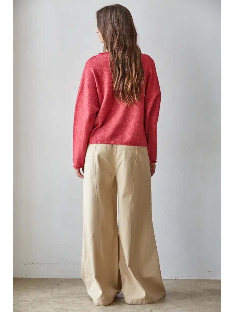 Knit Sweater Rolled Round Neck Pullover Top, ruby-back