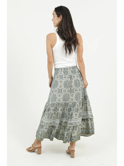 Printed Elastic Waist Maxi Skirt, multi-back