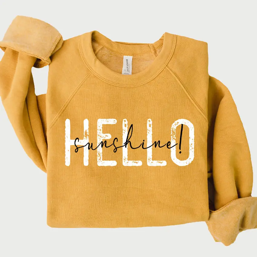 Vintage Hello Sunshine Graphic Premium Fleece Sweatshirt heather mustard front