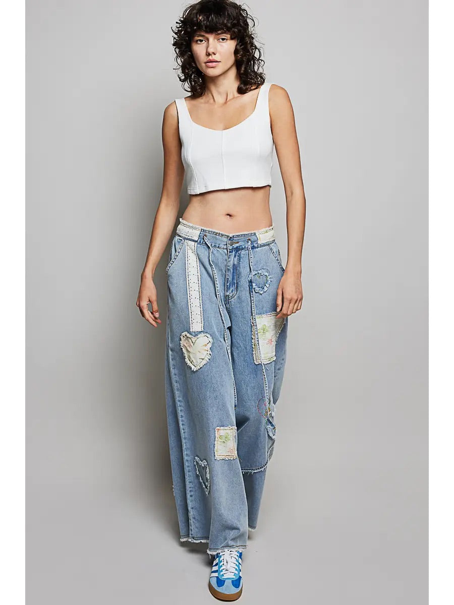Elastic Waist Heart Floral Print Patch Wide Denim Pant
