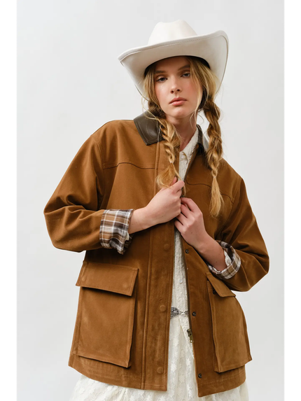 SUEDE CASUAL JACKET WITH LEATHER COLLAR