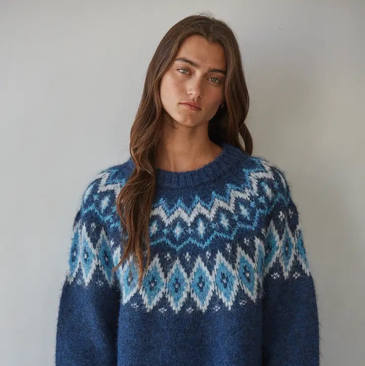 Knit Sweater Fair Isle Pullover - Navy Blue,