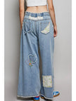 Elastic Waist Heart Floral Print Patch Wide Denim Pant