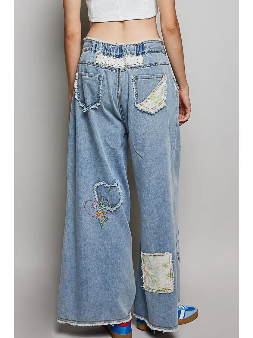 Elastic Waist Heart Floral Print Patch Wide Denim Pant