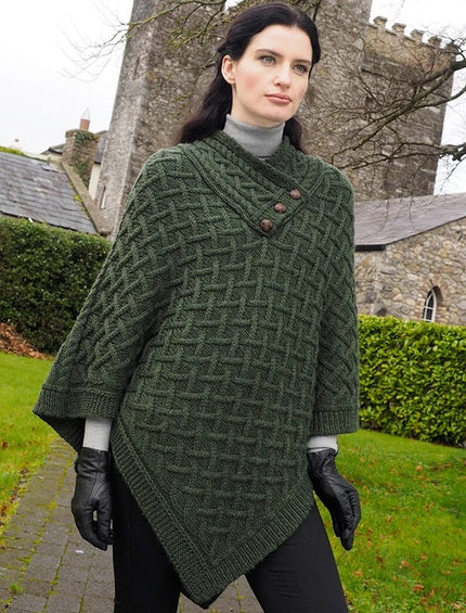 Nora Lattice Stitch Poncho, green-front