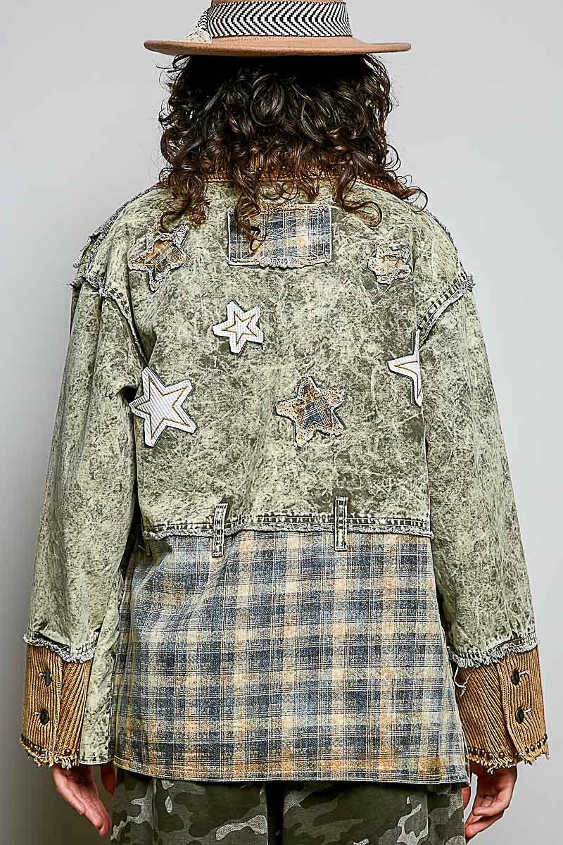 Plaid Star Patch Vintage Washing Twill Jacket