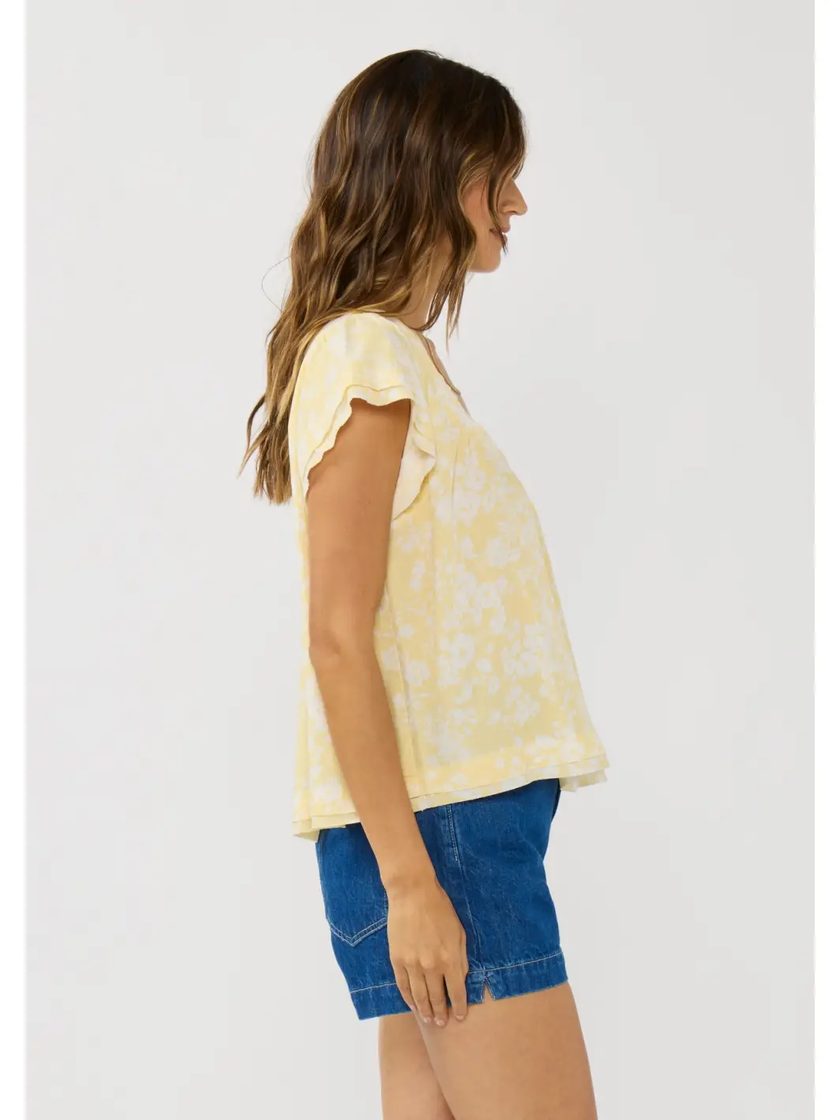 Jammie Flutter V-Neck Floral Top, yellow cream-side