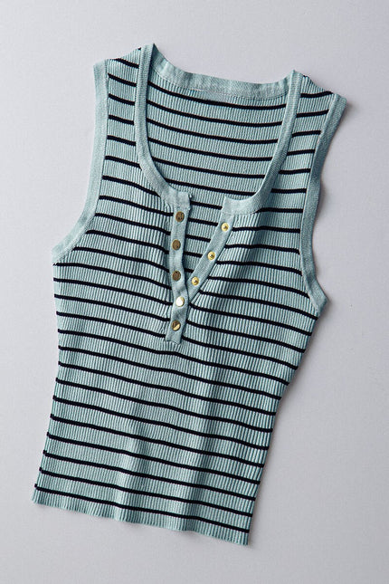 Summer Stripe Sleeveless Cropped Henley Tank mint stone