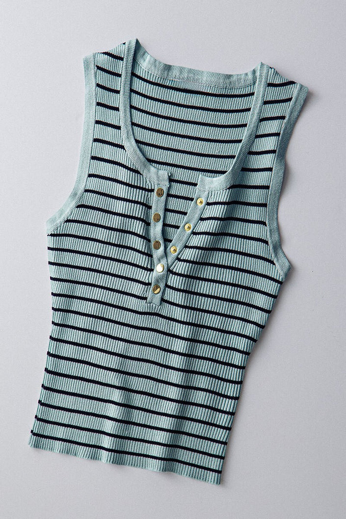 Summer Stripe Sleeveless Cropped Henley Tank mint stone