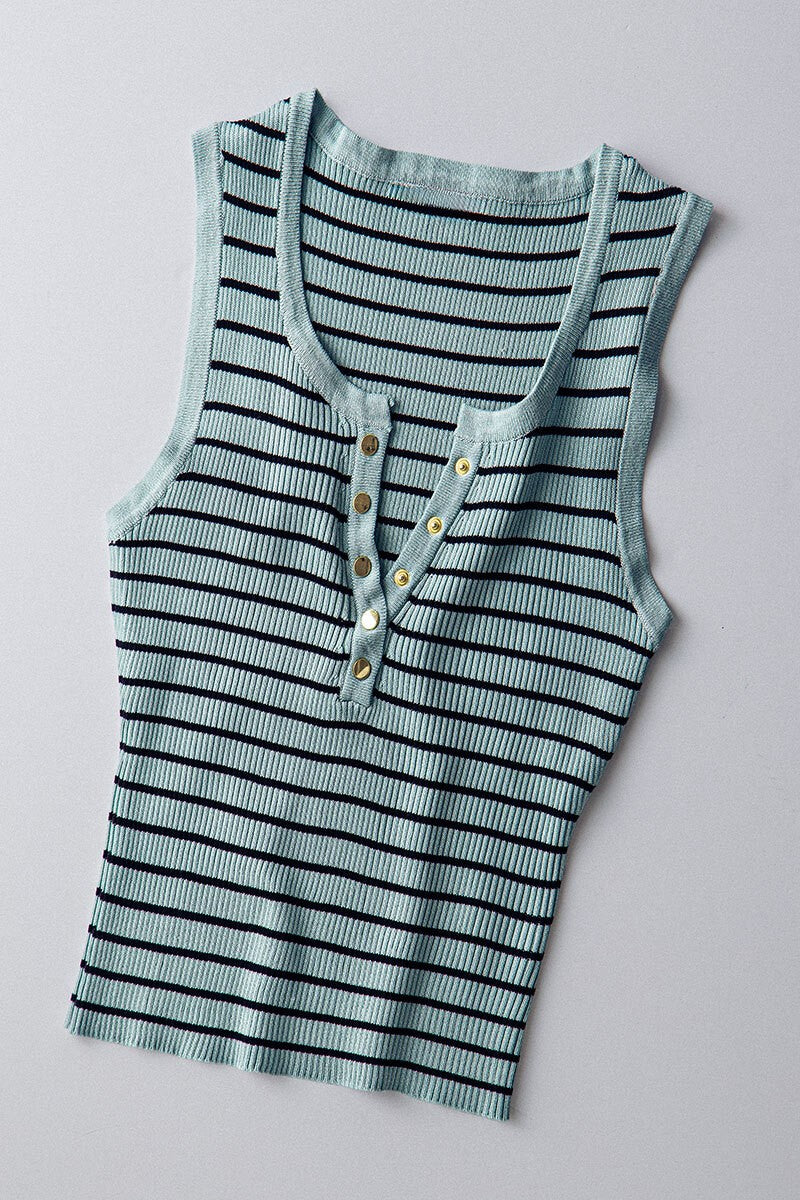 Summer Stripe Sleeveless Cropped Henley Tank mint stone