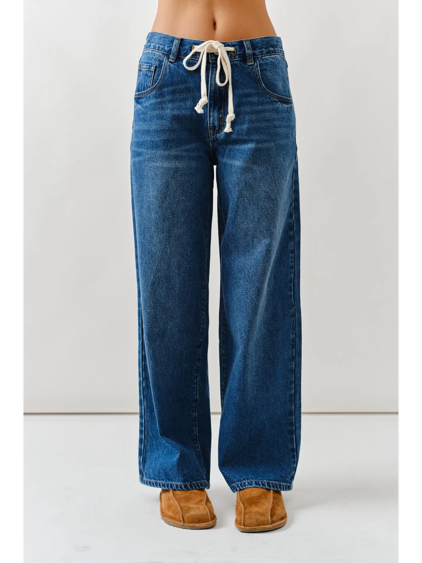 Drawstring Waist Bottom Fly Straight Jeans front