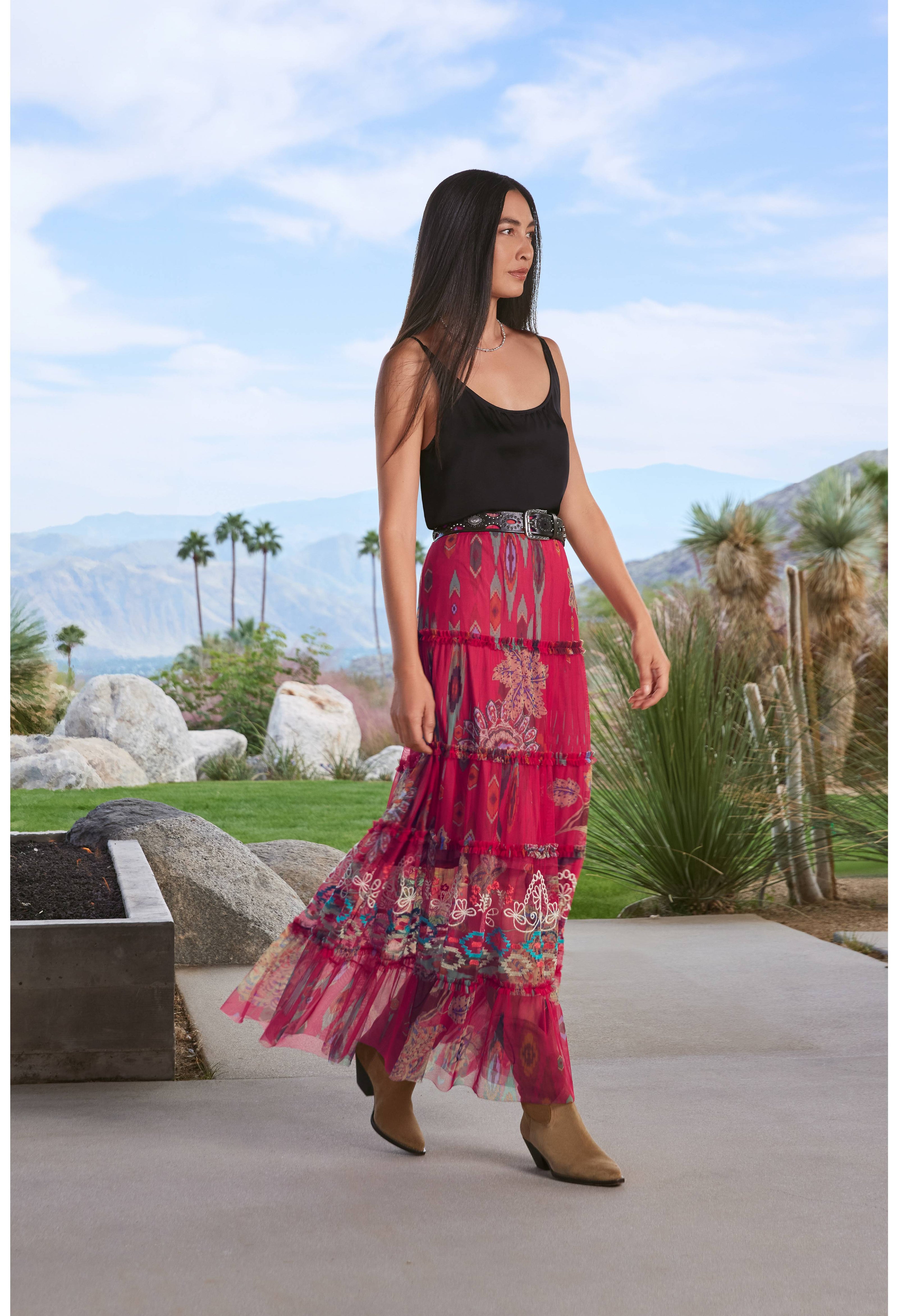 Johnny Was Feather Lark Mesh Tiered Skirt (Lined)
