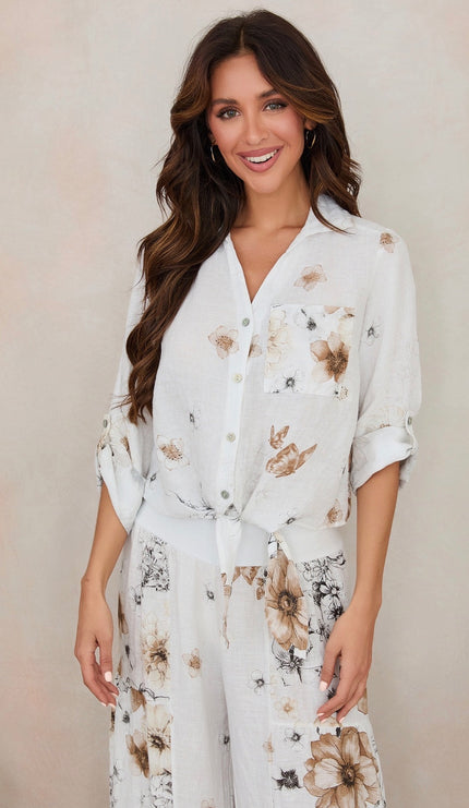 Garden Floral Linen Tie Button Down,white/camel-front
