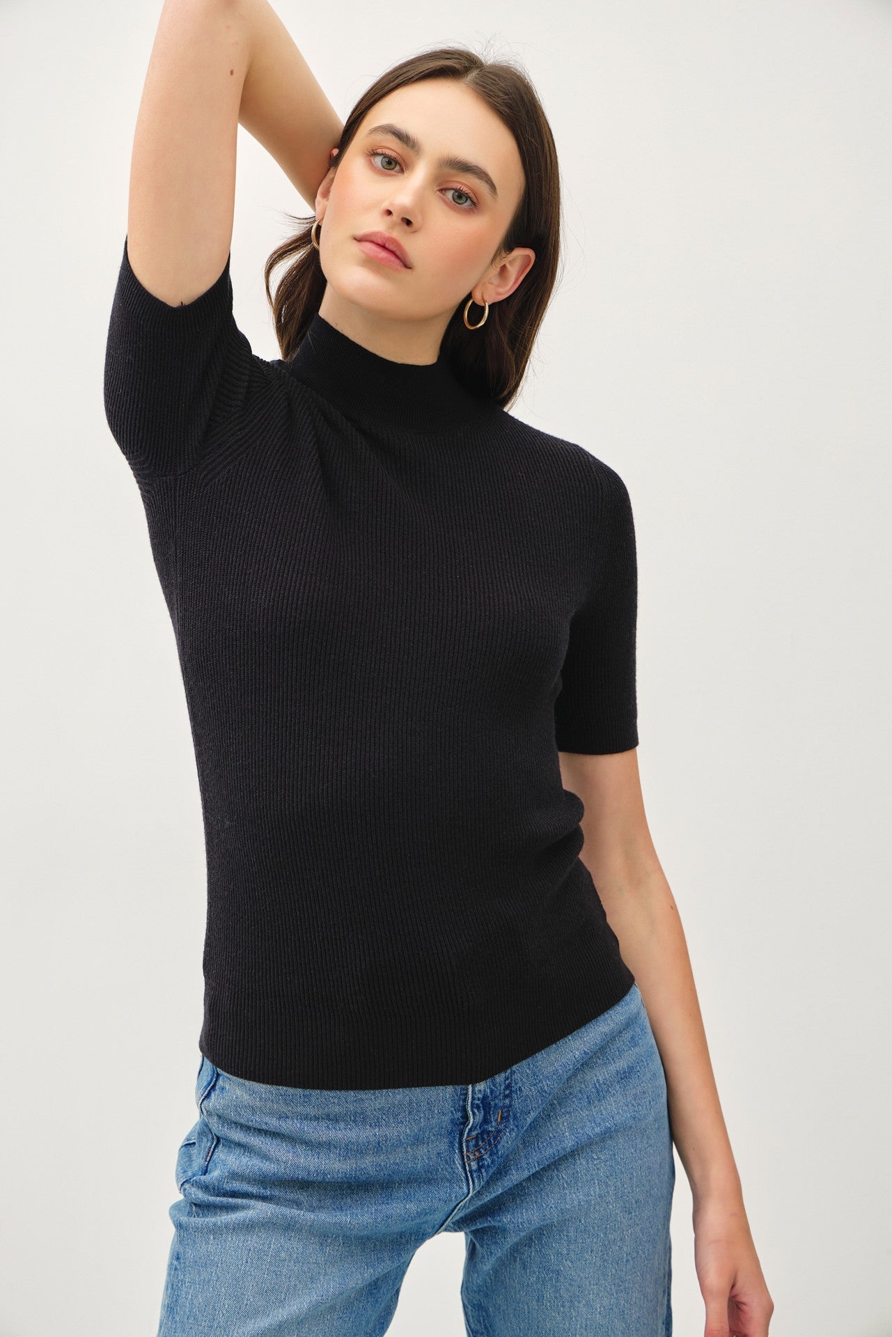 Shallan Fitted Short Sleeve Ribbed MockNeck Sweater balck
