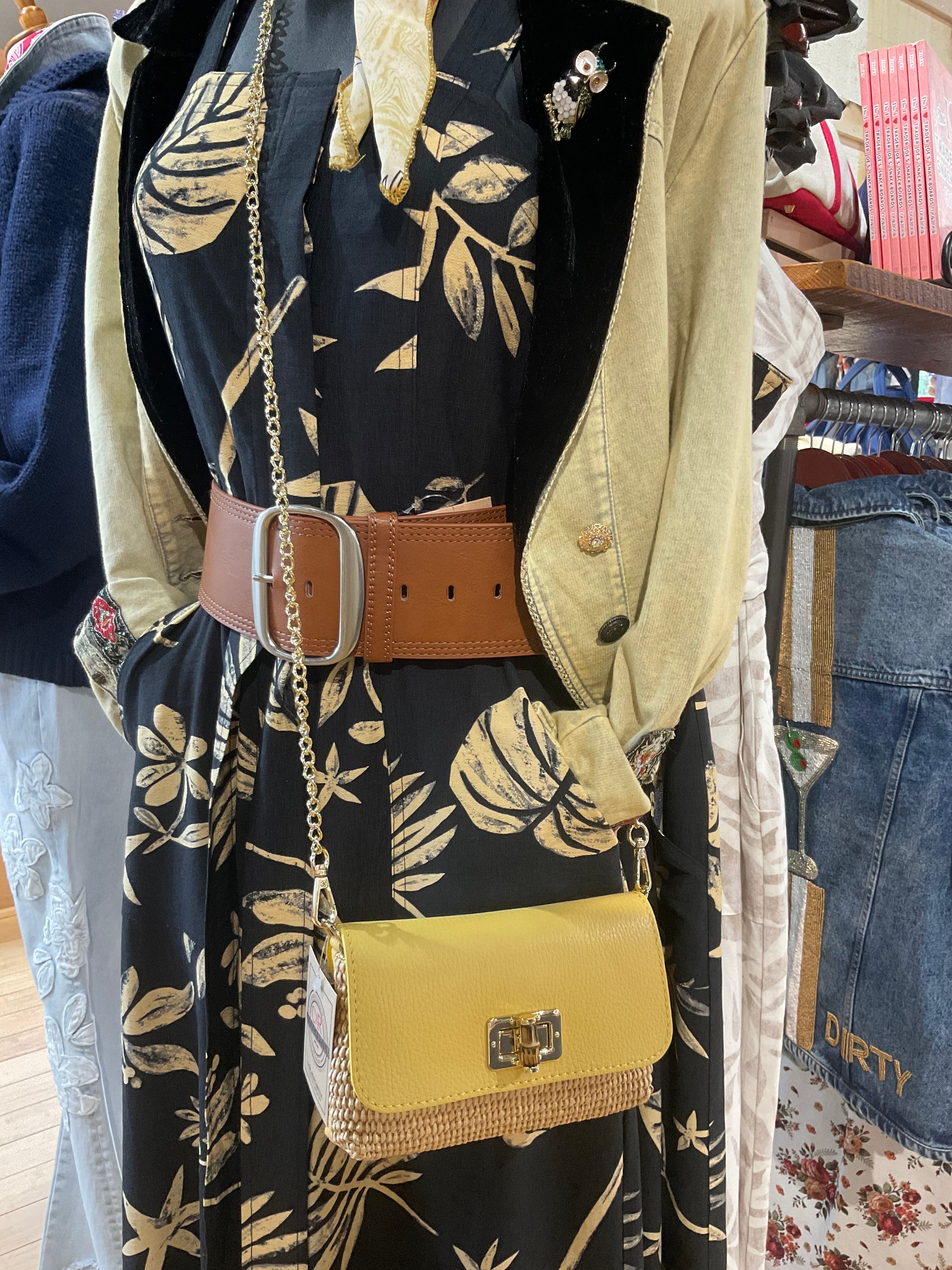Raffia & Leather Clutch Yellow front styled with strap