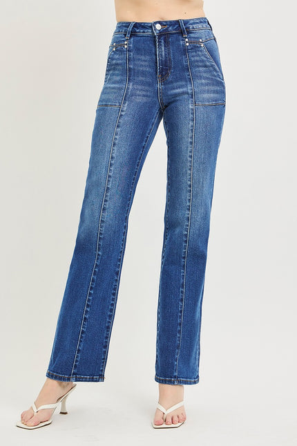 High Rise Straight Patch Pocket Seamed Jeans, dark-Front