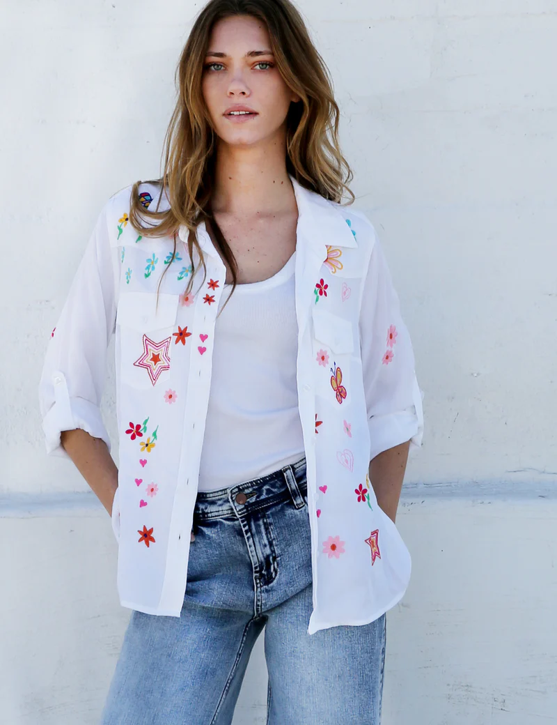  Kelly Sketchbook Star Butterfly & Floral Embroidery - white front unbuttoned
