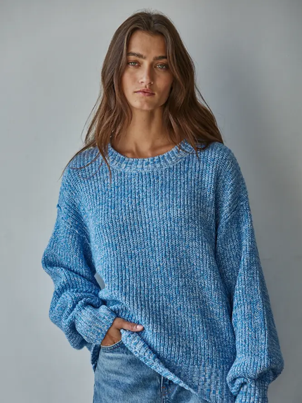  Knit Sweater Cotton Ribbed High Mock Neck Top blue front