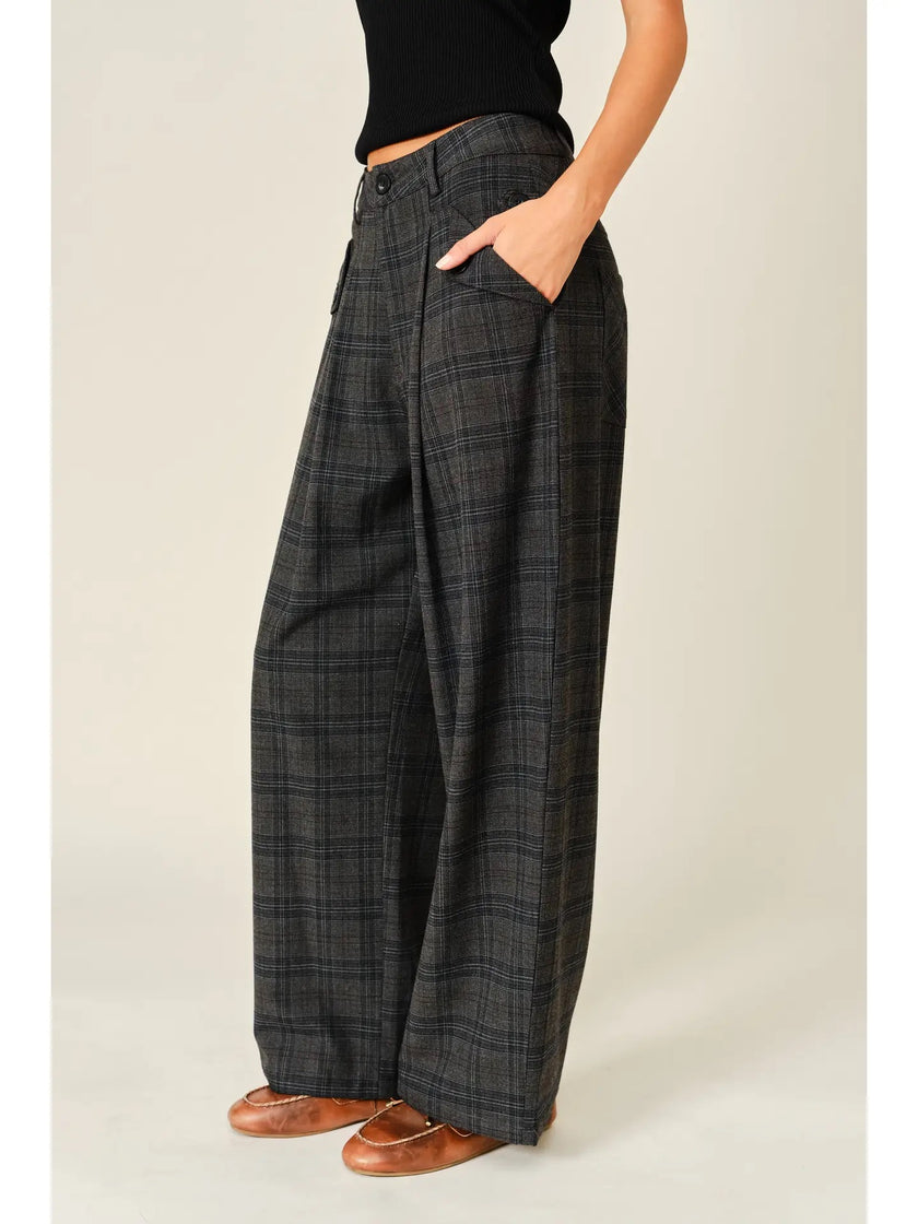 Audrey Classic Plaid Pleated Pants, grey multi-side
