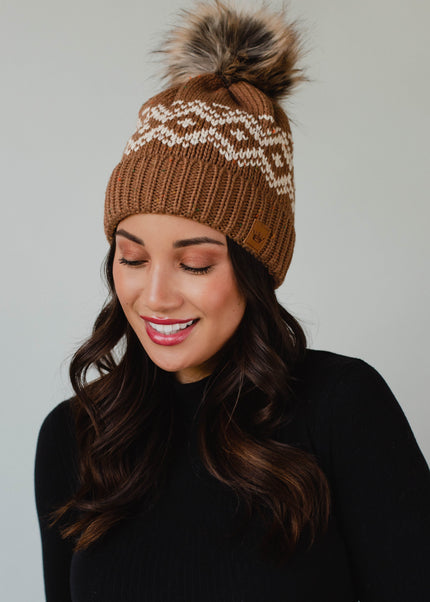 Brown & Speckled Patterned Pom Hat