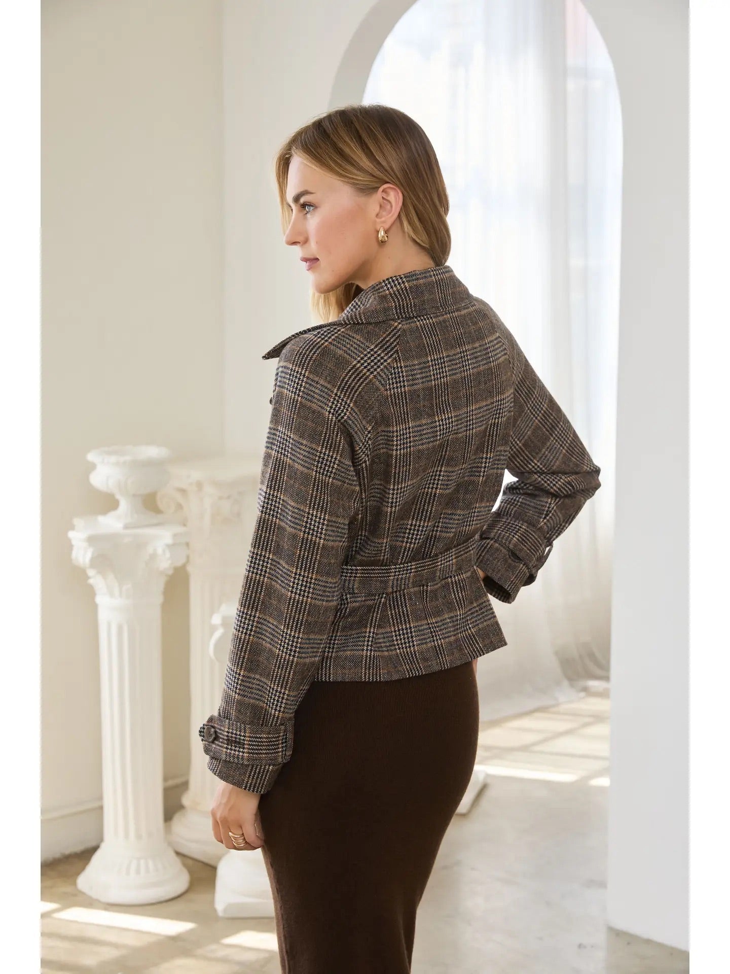 Shelly's Plaid Trench Jacket, brown plaid-back