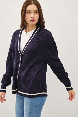 VARSITY STYLE CABLE KNIT BUTTON UP CARDIGAN