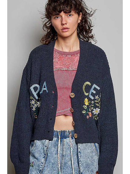 Prudence Floral Peace Button Up Cardigan, charcoal multi-front