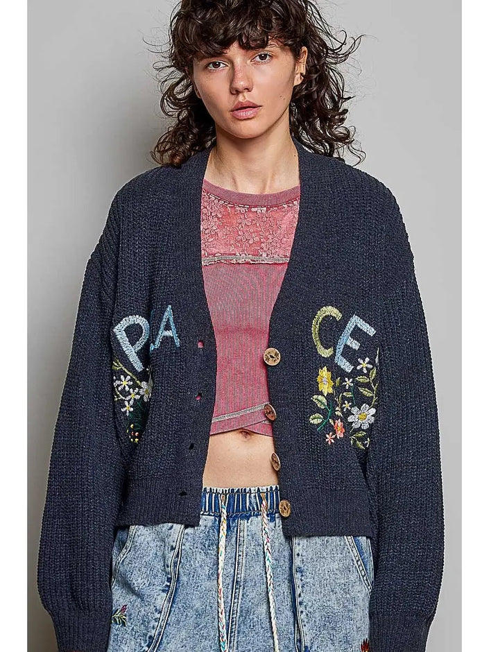 Prudence Floral Peace Button Up Cardigan, charcoal multi-front