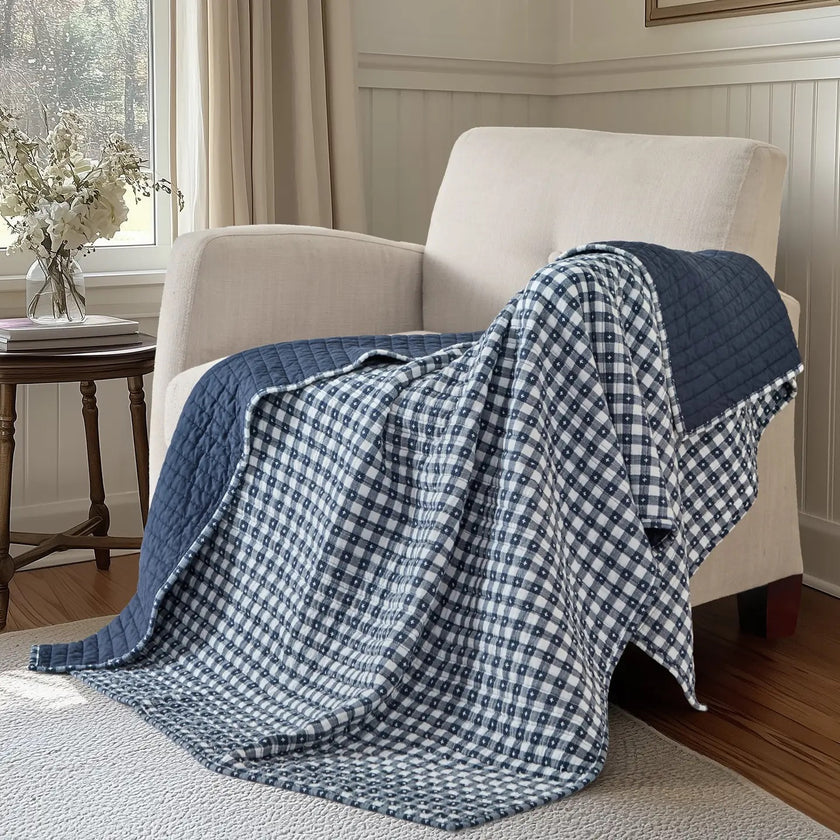 Camden Gingham Stitch Quilted Throw-Navy