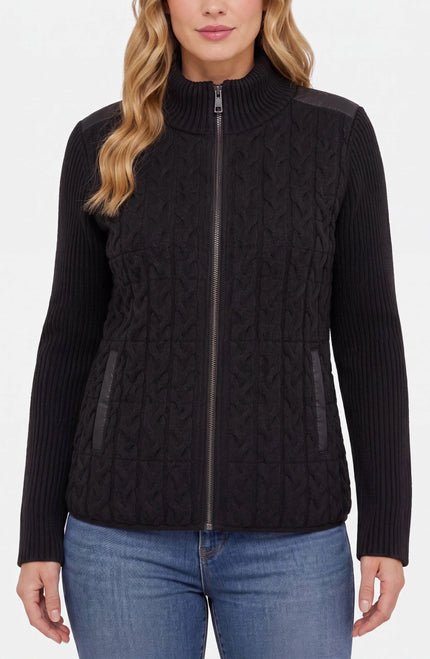 Katelyn Front Zip Quilted Sweater, black-front