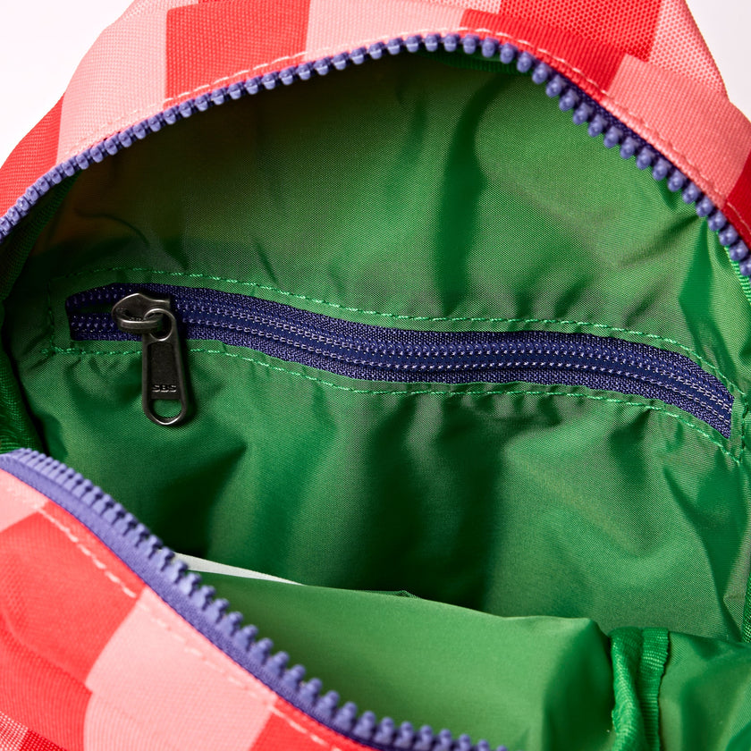 Willesden B Large Sustainable Scooter Bag | Circus Print, red pink stripe-green interior detail