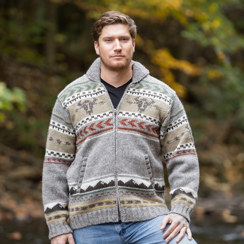 Yellowstone - men's wool knit Front of sweater, light natural 